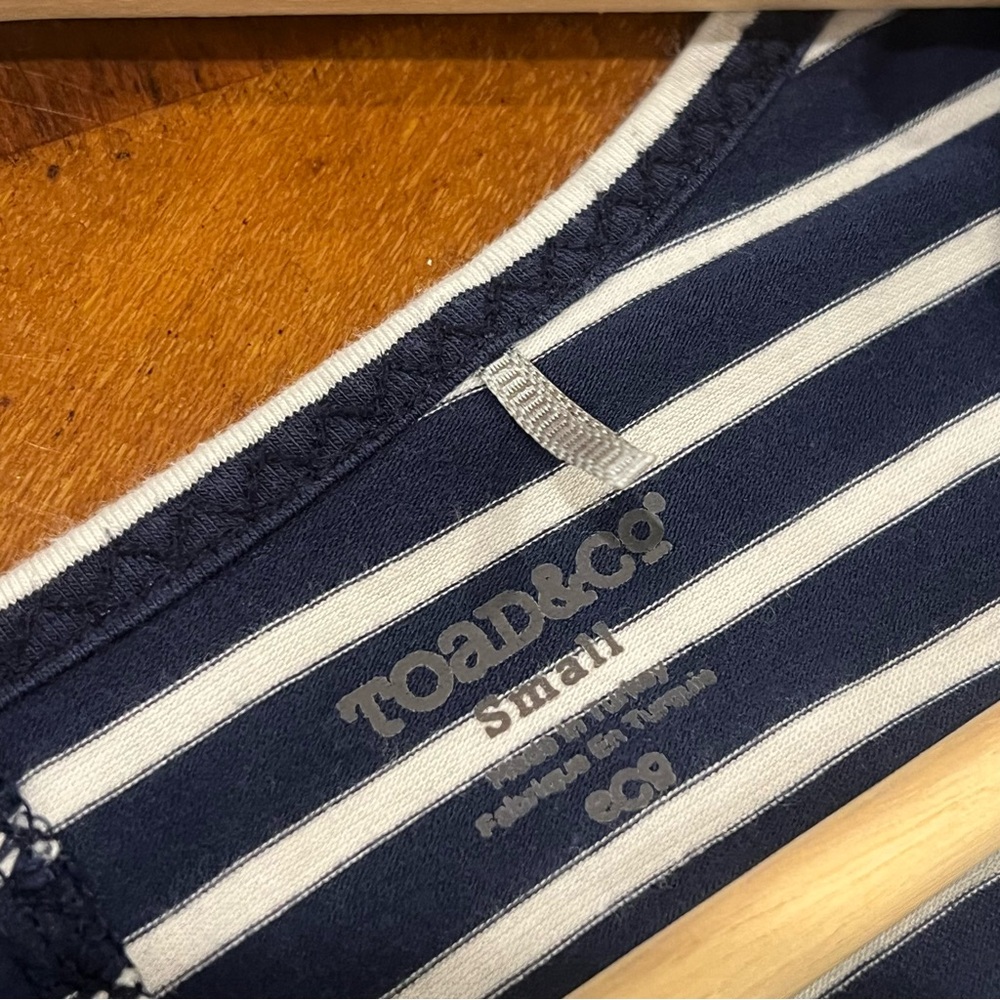 Toad & Co Muse Dress Nautical Navy Stripe Small Midi Short-Sleeve V-Neck Organic - Picture 12 of 16